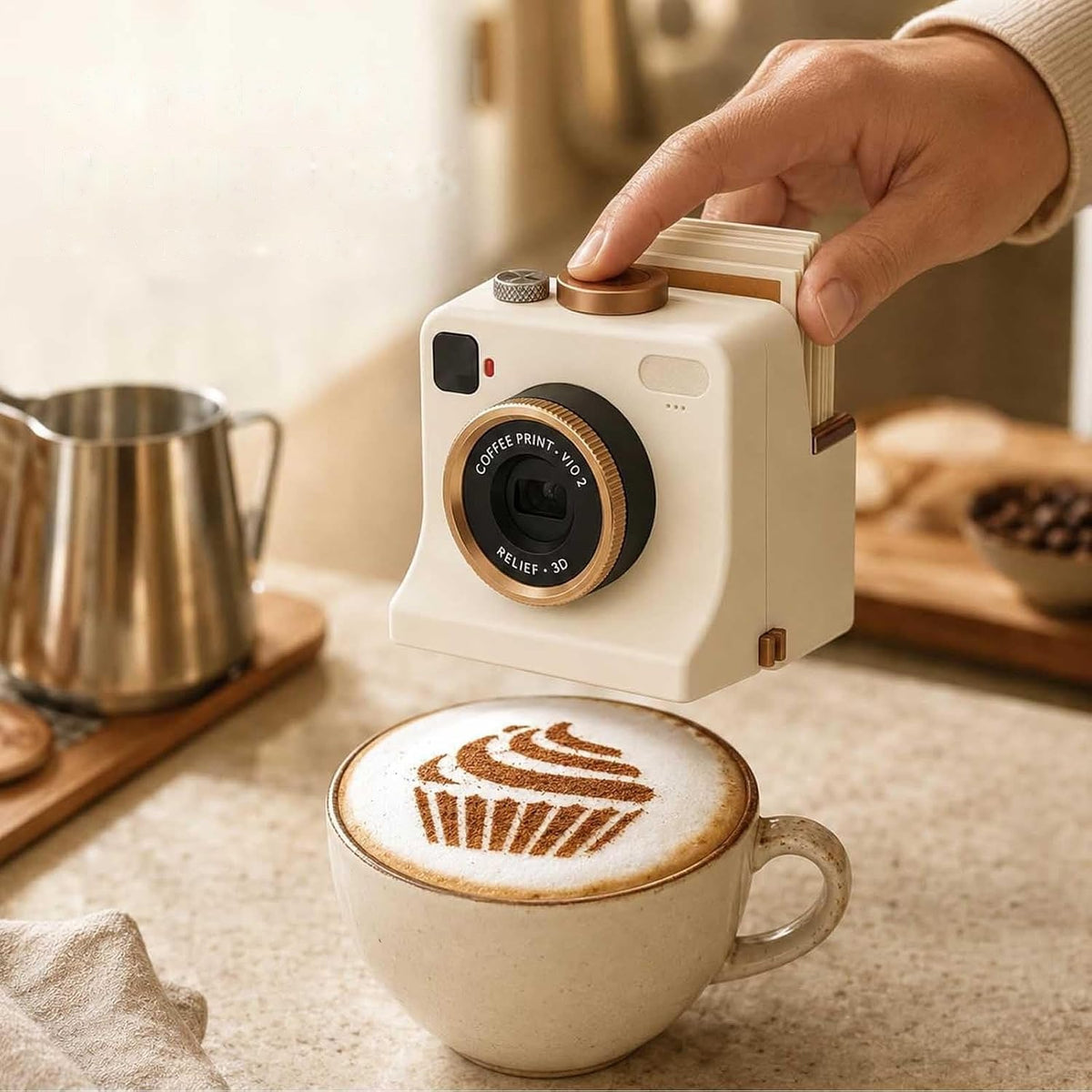 Coffee Click latte art-kamera gör ett muffinsmotiv på cappuccinon