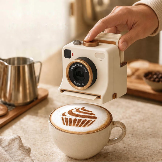 Coffee Click latte art-kamera gör ett muffinsmotiv på cappuccinon