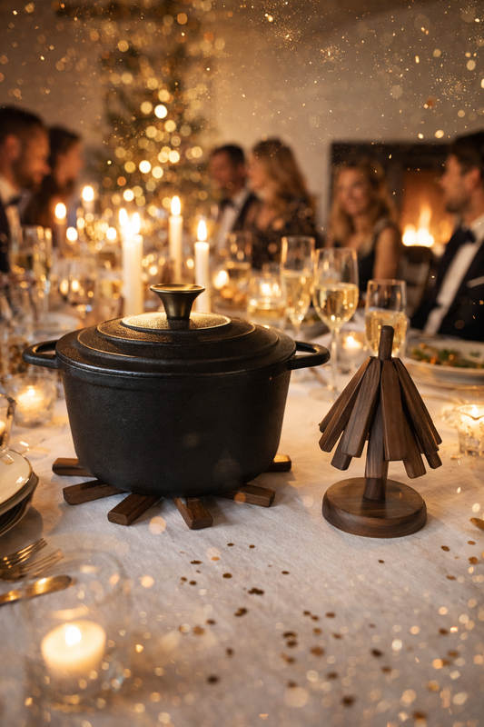 Julträdet som värmeskydd under gryta på nyårsmiddag